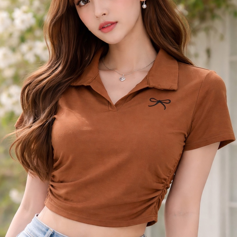 Women's Brown XXL Collared Ruched Crop Top